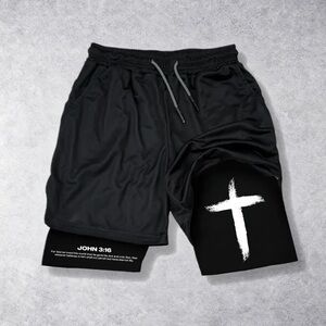 Men's SAVD John 3:16 Black Athletic Shorts with White Cross